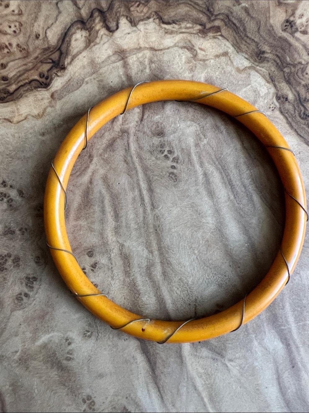Vintage Bakelite Mustard Yellow Wrapped Bangle Bracelet - thin